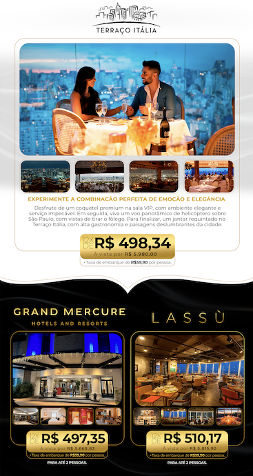 Rota Gourmet | Sky & Table -  Sua noite all inclusive: acesso VIP, voo panorâmico e jantar completo no Terraço Itália.